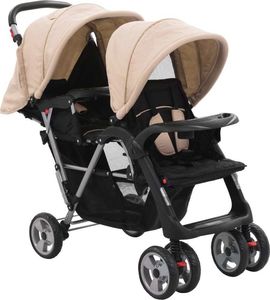 Wózek vidaXL Wózek spacerowy tandem dla bliźniaków taupe stal 1