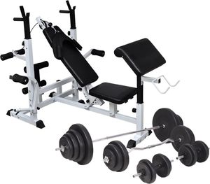 vidaXL Ławka do ćwiczeń z zestawem sztang i hantli, 120 kg 1