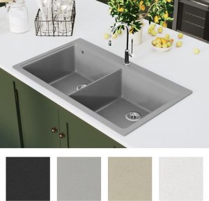 Zlewozmywak vidaXL Granitowy, dwukomorowy, szary 3