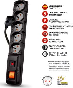 Acar F5 IEC przeciwprzepięciowa 5 gniazd 5 m czarna (W0088) 2