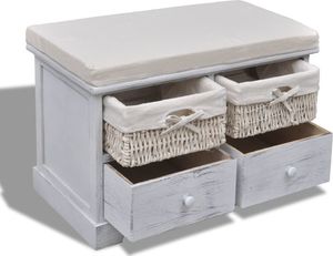 vidaXL Ławka drewniana z 2 szufladami, 2 koszami oraz poduszką, biała 4