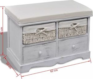 vidaXL Ławka drewniana z 2 szufladami, 2 koszami oraz poduszką, biała 7