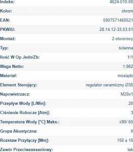 Bateria wannowa KFA 4624-010-00 AMAZONIT BAT.WANNA ŚCIENNA. // B-84-00-1-0000 4