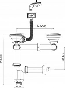 Syfon AKCES 19042 SYFON ZLEW. 1,5 LUB 2-KOM. BUTELKOWY 2-POZIOM. SITKO 3.5 TRZPIEŃ STAL. KOREK CEDZAK PP PRZELEW WERTYKAL. HORYZONTAL. FI 40 // SZT.A.40-PP-2KOM/1,5KOM-3,5-PRZELEW/PP 2