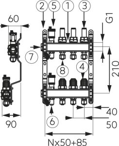 Ferro Rozdzielacz ze stali nierdzewnej typ SN-RZP 1" z zaworami termostatycznymi i przepływomierzami (SN-RZP08S) 2