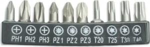 Dedra zestaw bitów 10 sztuk, 25mm: PH1/2/3, PZ1/2/3, T20/25/30/40 (18A07S10) 1