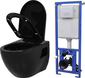 Zestaw podtynkowy vidaXL Podwieszana toaleta ceramiczna ze spłuczką, czarna 1