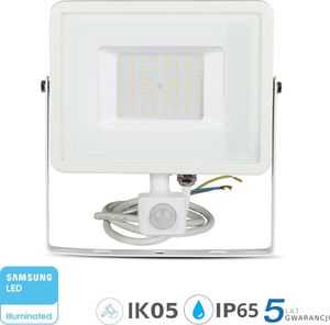 Naświetlacz V-TAC Projektor LED 50W 4000lm 6400K Dioda SAMSUNG z czujnikiem ruchu PIR Biały IP65 468 1