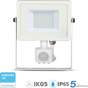 Naświetlacz V-TAC Projektor LED 30W 2400lm 6400K Dioda SAMSUNG z czujnikiem ruchu PIR Biały IP65 459 1