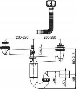 Syfon Rawiplast Syfon zlewozmywakowy rurowy, podwójny,70mm, korki gumowe,przelew, przył. pralka, podł. 40/50mm 2