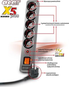 Listwa zasilająca Acar X5 Plus przeciwprzepięciowa 5 gniazd 3 m czarna (W0192) 2