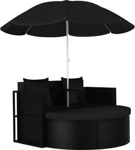vidaXL VidaXL Łóżko ogrodowe z parasolem, polirattan, czarne 1