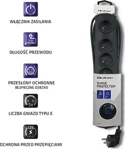 Listwa zasilająca Qoltec Swift przeciwprzepięciowa 5 gniazd 3 m czarna (5901878502717) 3