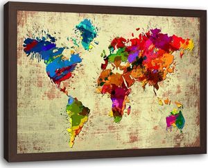 Feeby Obraz w ramie brązowej, Kolorowa mapa świata 90x60 1