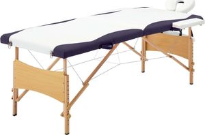vidaXL Składany stół do masażu, 2 strefy, drewniany, biało-fioletowy 1