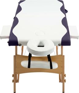 vidaXL Składany stół do masażu, 2 strefy, drewniany, biało-fioletowy 4