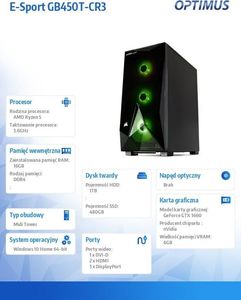 Komputer Optimus E-sport GB450T, Ryzen 5 3600, 16 GB, GTX 1660, 480 GB M.2 PCIe 1 TB HDD Windows 10 Home 4