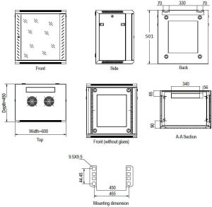Szafa Linkbasic wisząca rack 19'' 9U 600x450mm szara drzwi przednie szklane (WCB09-645-BAB-C) 8