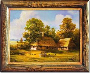 GO-BI Obraz Dworki, mlyny, chaty, ręcznie malowany 37x47cm uniwersalny 1