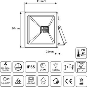 Naświetlacz Maclean Naświetlacz LED slim 20W, 1600lm Neutral White (4000K) Maclean Energy MCE520 NW, IP65, PREMIUM 6