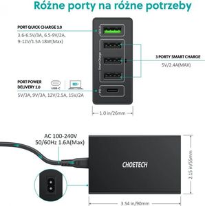Ładowarka Choetech Q3-4U2Q 4x USB-A 1x USB-C 3 A (Q3-4U2Q BLACK) 4