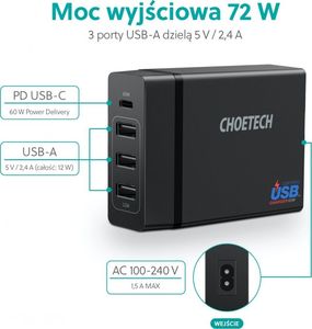 Ładowarka Choetech PD72-1C3U 3x USB-A 1x USB-C 3 A (PD72-1C3U BLACK) 2