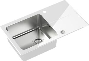 Zlewozmywak Steiner Hugh 111 komora stalowa z białym blatem szklanym + bateria 3