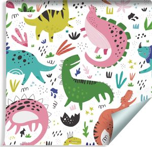 Muralo Tapeta Dla Dzieci - Kolorowe Dinozaury na Białym Tle 1