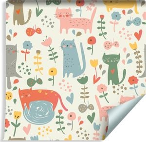 Muralo Tapeta Dla Dzieci - Kolorowe Kotki i Roślinki 1