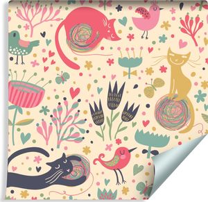 Muralo Tapeta Dla Dzieci - Kolorowe Kotki, Ptaki i Rośliny 1