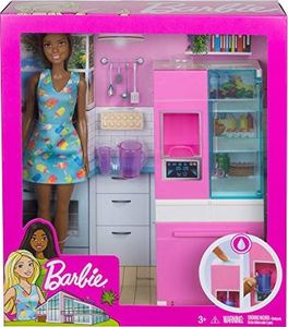 Lalka Barbie Barbie Barbie GHL85 - luksusowy zestaw mebli lodówka i lalka (brunetka) 6
