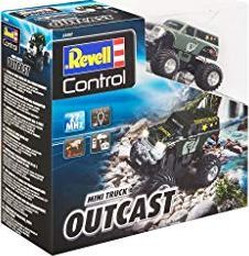 Revell Revell Control 23507 Mini RC Monster Truck Outcast z pilotem 27 MHz z funkcją ładowania, z resorowanymi osiami, oświetleniem LED 8 małych zdalnie sterowanych samochodów, długość: ok. 8 cm 8