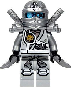 LEGO Minifigurka Ninjago Tytanowy Zane (srebrny ninja) ze zbroją naramienną, dwiema katanami (mieczami) i Saigabeln 2015 2