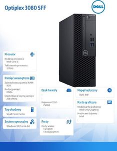 Komputer Dell Optiplex 3080 SFF, Core i5-10500, 8 GB, Intel UHD Graphics 630, 256 GB M.2 PCIe Windows 10 Pro 4