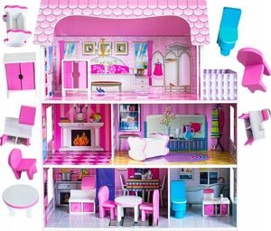 VimToys Duży różowy drewniany domek dla lalek Willa 3 piętra + mebelki 1