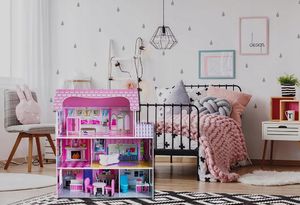 VimToys Duży różowy drewniany domek dla lalek Willa 3 piętra + mebelki 2