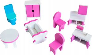 VimToys Duży różowy drewniany domek dla lalek Willa 3 piętra + mebelki 4