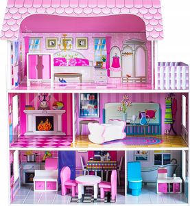 VimToys Duży różowy drewniany domek dla lalek Willa 3 piętra + mebelki 5