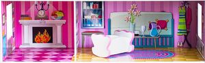 VimToys Duży różowy drewniany domek dla lalek Willa 3 piętra + mebelki 7