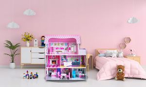 VimToys Duży różowy drewniany domek dla lalek Willa 3 piętra + mebelki 10