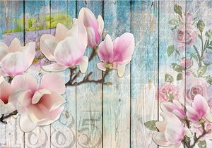 DecoNest Fototapeta - Różowe kwiaty na drewnie - 100X70 1