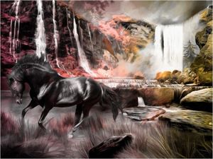 DecoNest Fototapeta - Czarny koń przy wodospadzie - 400X309 1