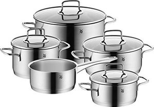 WMF Zestaw garnków WMF Merano, sztuki 5, stal nierdzewna polerowana Cromargan, garnki ze szklaną pokrywą, garnki indukcyjne, garnek indukcyjny, niepowlekany 1
