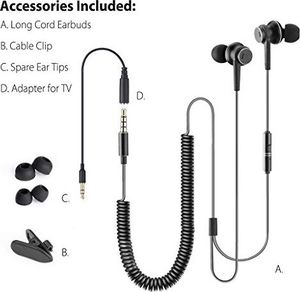 Słuchawki Avantree Avantree In Ear Słuchawki TV Długi kabel, długie słuchawki z mikrofonem i 3,5-metrowym przedłużaczem do PC, Metalowe słuchawki douszne Stereo Zatyczki do uszu ze spiralnym kablem - HF027 7