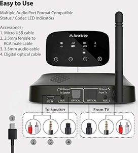 Avantree Avantree Nadajnik dalekiego zasięgu Bluetooth 5.0 do telewizora, bezprzewodowy adapter audio aptX HD o niskiej latencji Rozdzielacz odbiornika na 2 słuchawki, instrukcje głosowe, ekran dotykowy - Oasis Plus 7