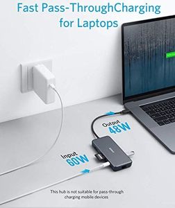 HUB USB Anker Anker USB C Hub, adapter 7 w 1 PowerExpand + z 4K HDMI, zasilanie 60 W, 1 GBPS Ethernet, 2 porty USB 3.0 i czytnik kart pamięci SD / mircoSD, do MacBook Pro 2016/2017/2018, Chromebook, XPS 5
