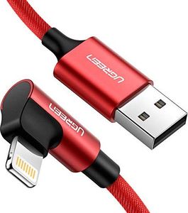 Kabel USB Ugreen Kabel UGREEN USB na Lightning 90 stopni z nylonowym oplotem z certyfikatem MFi, kompatybilny z iPhone SE 2020, 11, X, XR, XS, 8, 7, 6, iPad, etui ładujące Airpods (2M, czerwony) 1