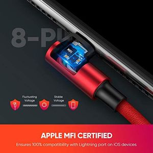 Kabel USB Ugreen Kabel UGREEN USB na Lightning 90 stopni z nylonowym oplotem z certyfikatem MFi, kompatybilny z iPhone SE 2020, 11, X, XR, XS, 8, 7, 6, iPad, etui ładujące Airpods (2M, czerwony) 2