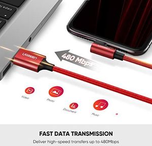 Kabel USB Ugreen Kabel UGREEN USB na Lightning 90 stopni z nylonowym oplotem z certyfikatem MFi, kompatybilny z iPhone SE 2020, 11, X, XR, XS, 8, 7, 6, iPad, etui ładujące Airpods (2M, czerwony) 5