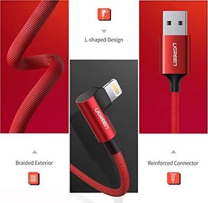 Kabel USB Ugreen Kabel UGREEN USB na Lightning 90 stopni z nylonowym oplotem z certyfikatem MFi, kompatybilny z iPhone SE 2020, 11, X, XR, XS, 8, 7, 6, iPad, etui ładujące Airpods (2M, czerwony) 6